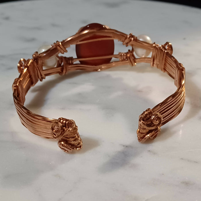 Copper, Carnelian, and Pearl Cuff Bracelet