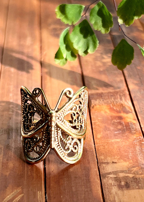 Brass Butterfly Ring | Art Nouveau Ornate Insect Jewelry | Fairycore Whimsical Steampunk Witchy Mystical Boho Statement | Nature Inspired