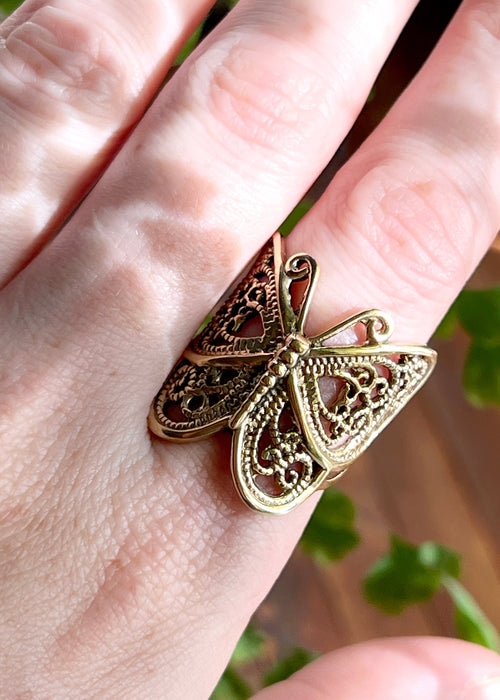 Brass Butterfly Ring | Art Nouveau Ornate Insect Jewelry | Fairycore Whimsical Steampunk Witchy Mystical Boho Statement | Nature Inspired