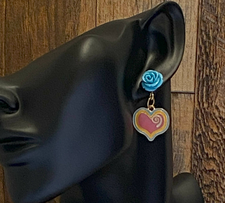 Blue Rose and Heart Earrings