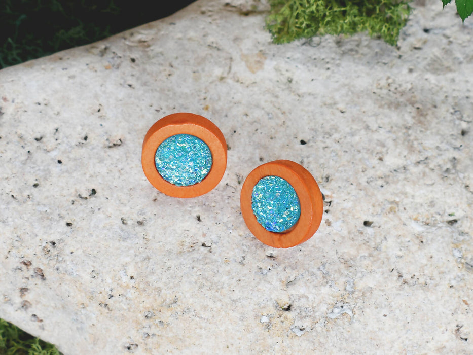 Wood Earrings With Resin Druzy #4