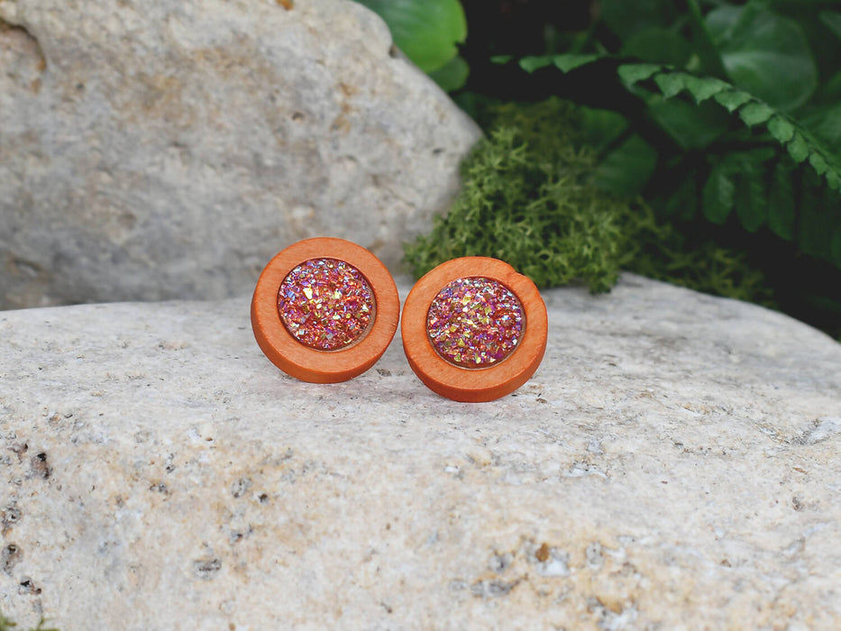 Wood Earrings With Resin Druzy