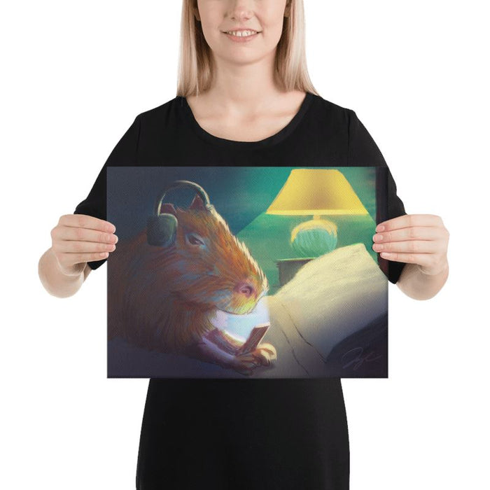 "Late Nite Capy": Painting of a Capybara Scrolling on a Bed [Unfoiled]