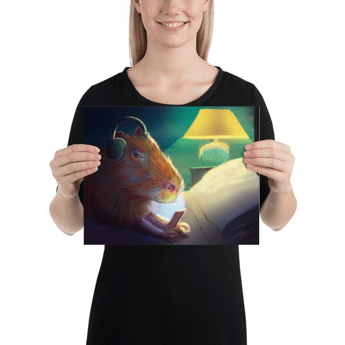 "Late Nite Capy": Painting of a Capybara Scrolling on a Bed [Unfoiled]