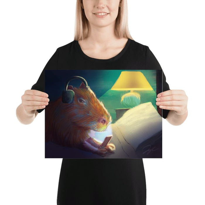 "Late Nite Capy": Painting of a Capybara Scrolling on a Bed [Unfoiled]