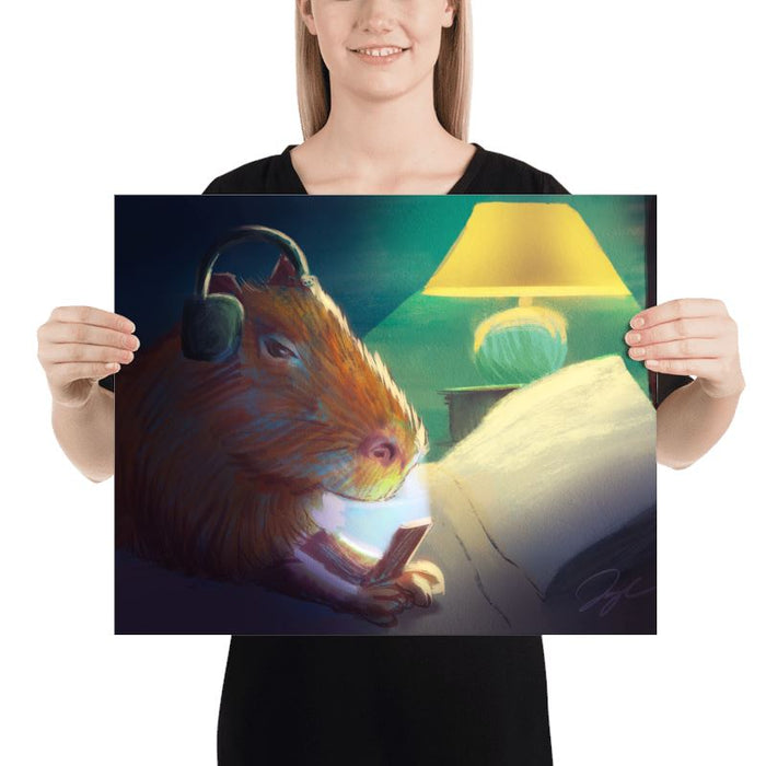 "Late Nite Capy": Painting of a Capybara Scrolling on a Bed [Unfoiled]