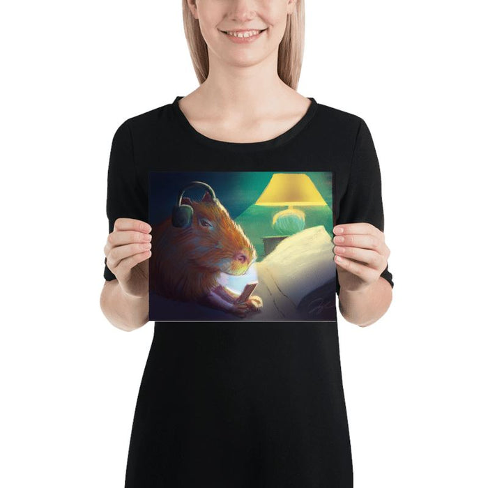 "Late Nite Capy": Painting of a Capybara Scrolling on a Bed [Unfoiled]