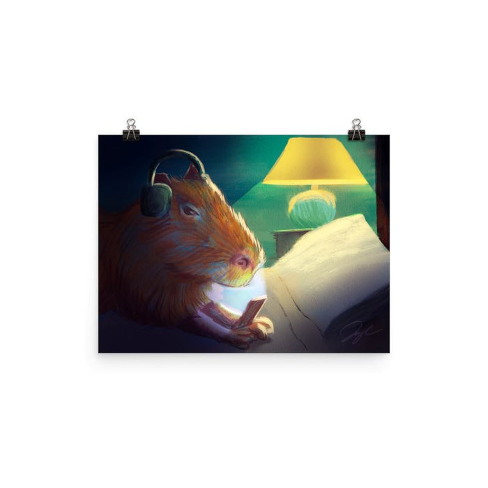 "Late Nite Capy": Painting of a Capybara Scrolling on a Bed [Unfoiled]