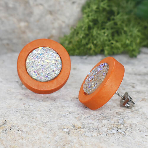 Wood Earrings With Resin Druzy