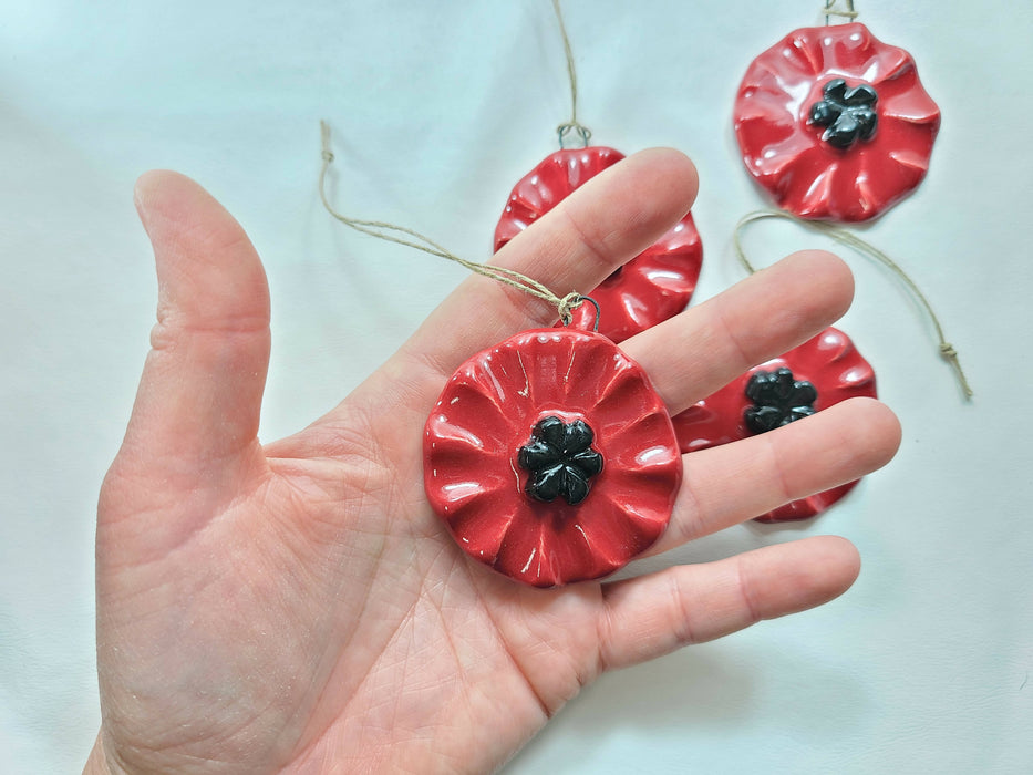 Red Poppy Ornament - Pottery Flower Ornament