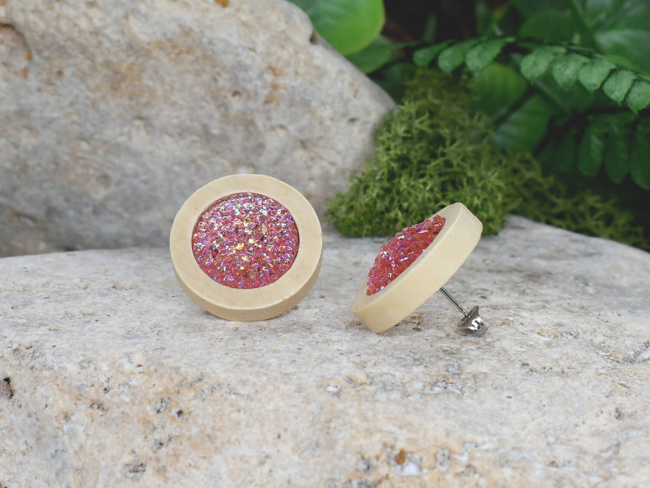 Wood Earrings With Resin Druzy #17