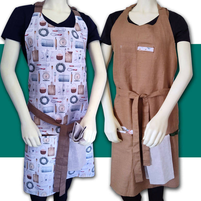 2 sides of a reversible cotton/linen apron with hidden pockets and towel holder with linen hand towel