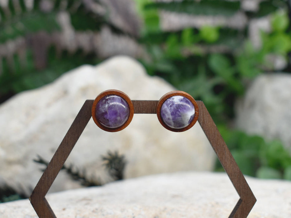 Wood Stud Earrings with Amethyst #89