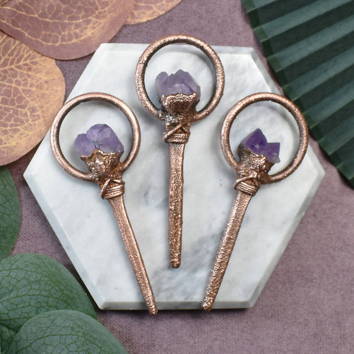 Coffin Nails Copper Pendant with Raw Amethyst