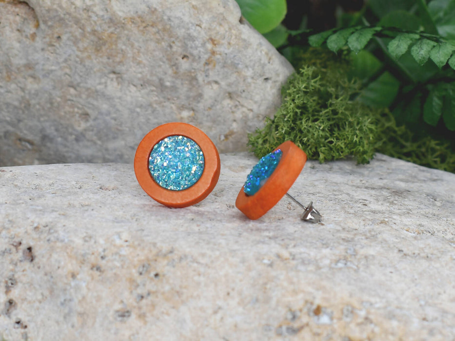 Wood Earrings With Resin Druzy #4