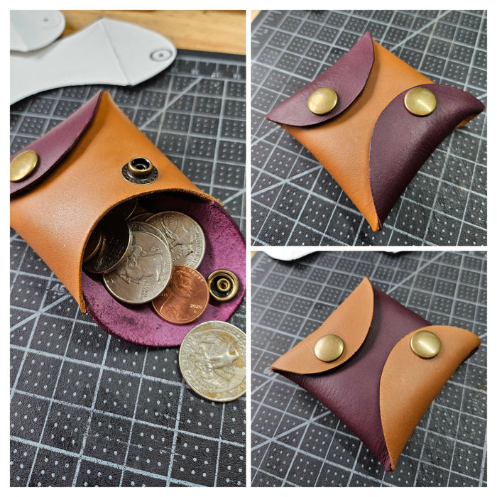 a collage showing a purple and mango (muted yellow) pouch with antique brass snaps. both sides are shown as well as the pouch open with coins spilling out.