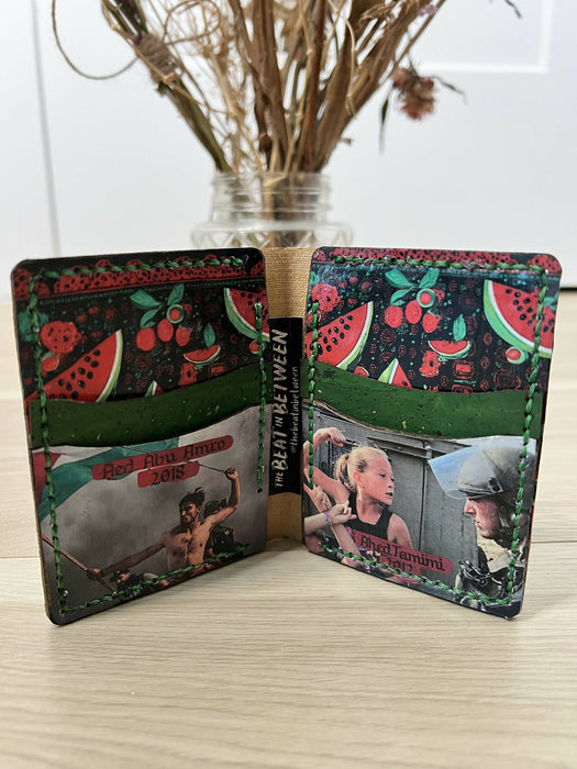 Beautifully hand stitched handmade sustainable cork queer wallets by the Beat in Between features 4 Palestinian Freedom Fighters.