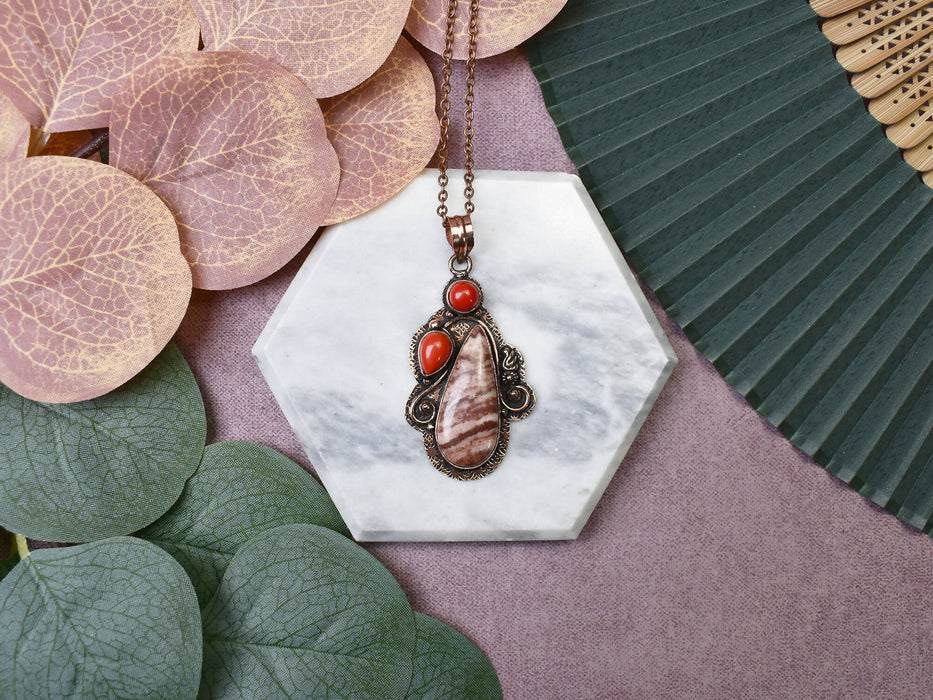 Copper Pendant with Coconut Jasper and Coral