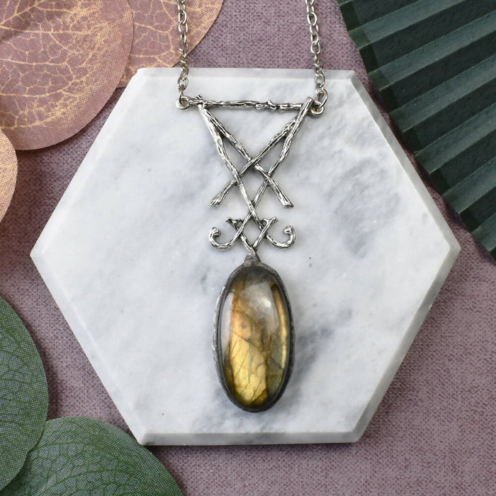 Vintage Sigil of Lucifer Pendant with Labradorite