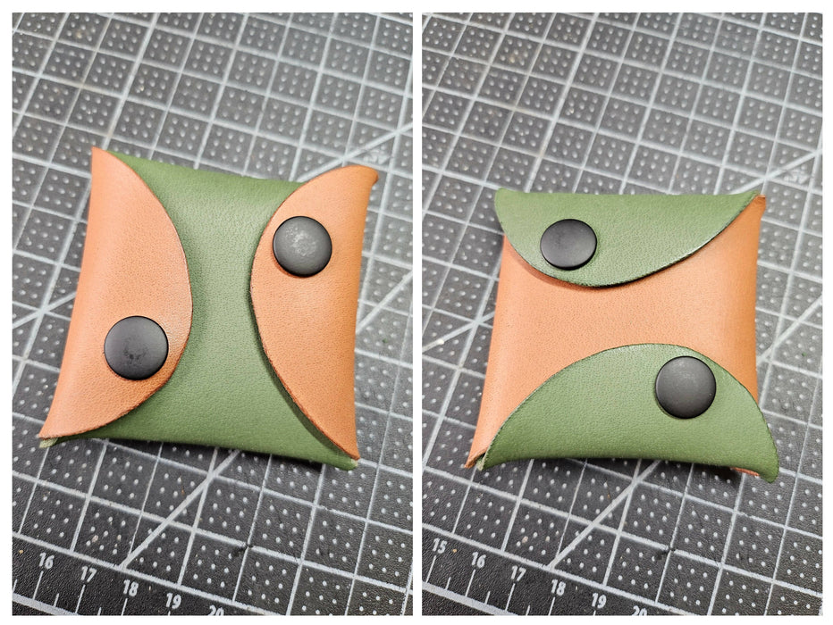 a collage showing a peacock green and tan pouch with matte black snaps.