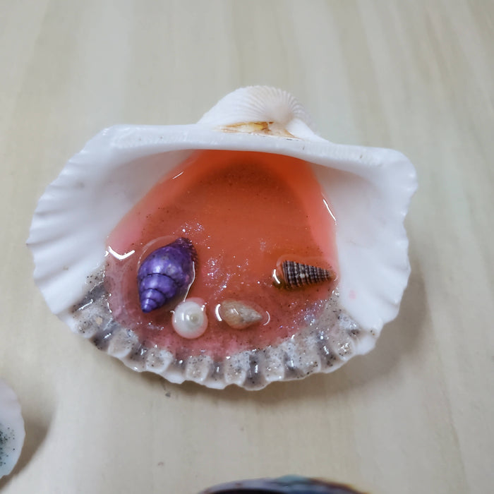 One of the seashell magnets in this set with bright blue water made from resin.  Also shows the glitter inside of the water.