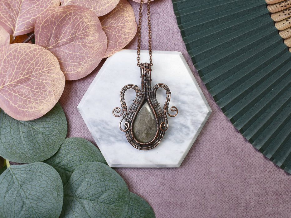 Wire Wrapped Copper Pendant with Black Sheen Obsidian