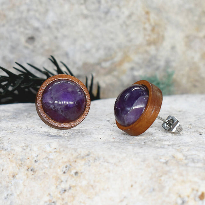 Wood Stud Earrings with Amethyst #89