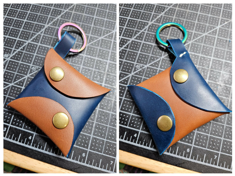 a collage showing a dark blue and tan pouch with an iridescent rainbow keyring and antique brass snaps.