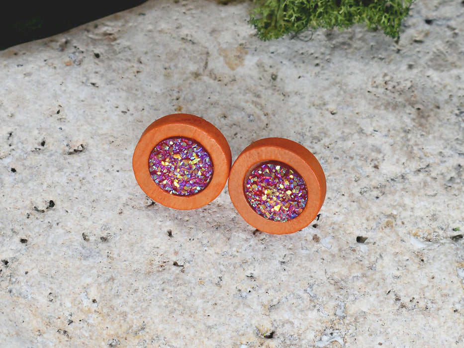 Wood Earrings With Resin Druzy #5