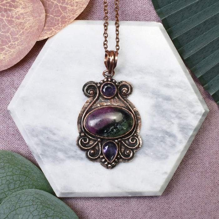 Copper Pendant with Ruby Zoisite and Amethyst