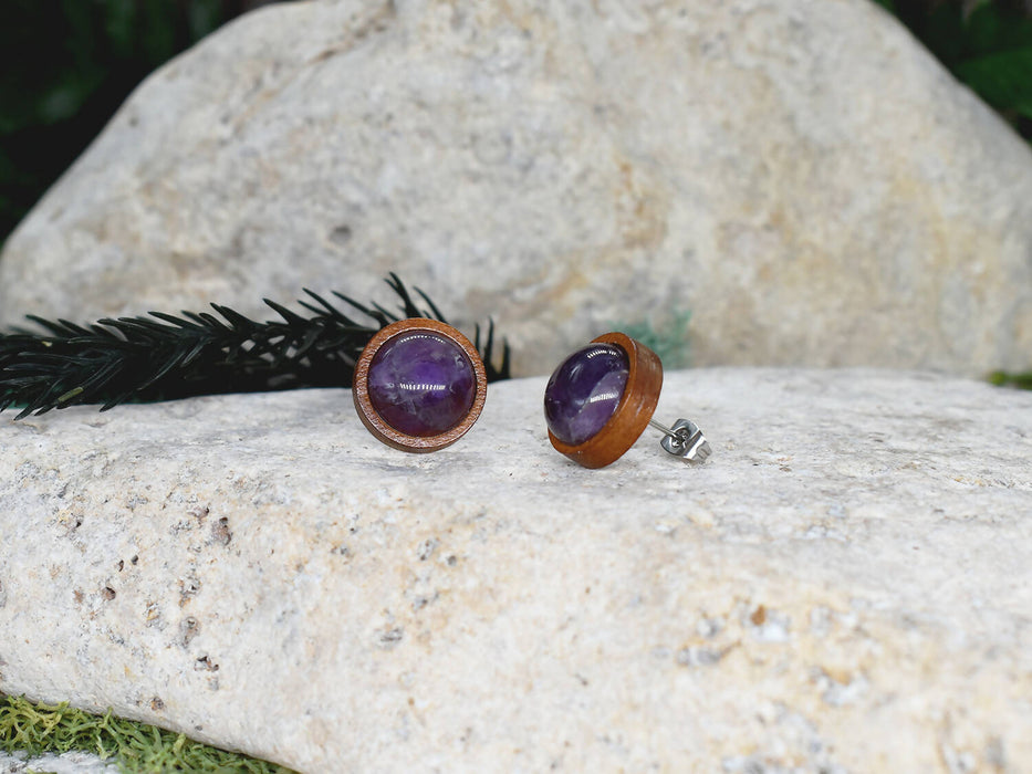 Wood Stud Earrings with Amethyst #89