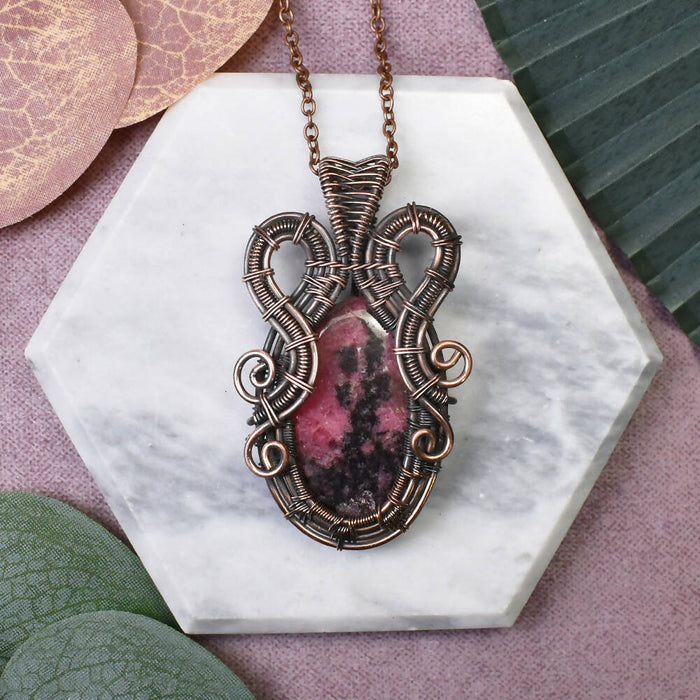 Wire Wrapped Copper Pendant With Rhodonite