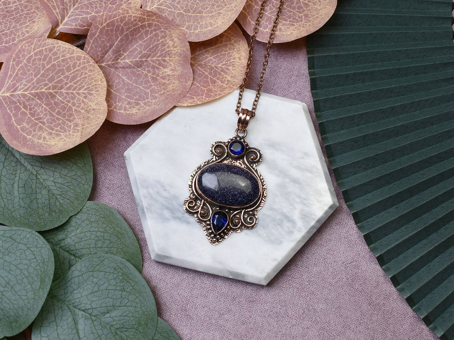 Copper Pendant with Blue Sandstone and Tanzanite