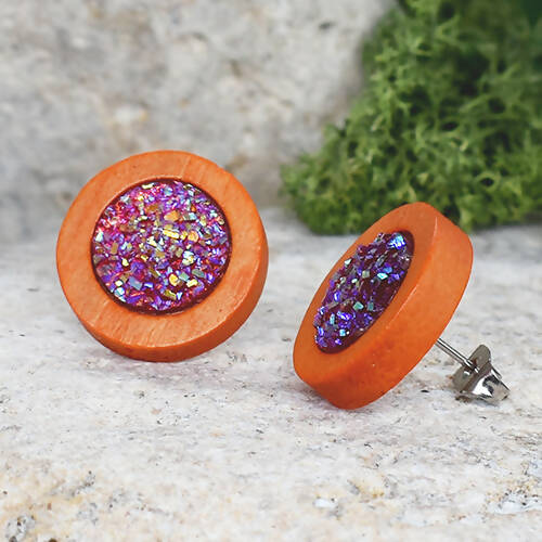 Wood Earrings With Resin Druzy #5