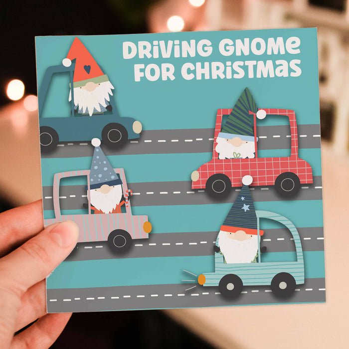 Driving gnome for Christmas card