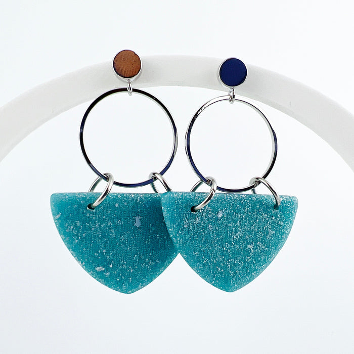 Earrings Kalani - Silver Circle & Shimmering Aqua Curved Triangle Earrings