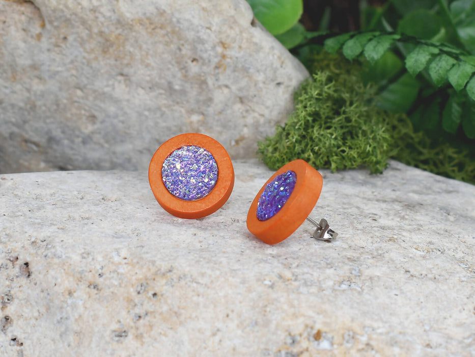 Wood Earrings With Resin Druzy #8