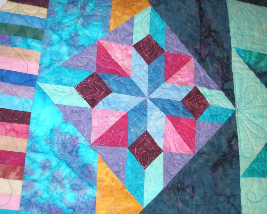 Queen Quilt Blue Batik Star in a Star in a Star