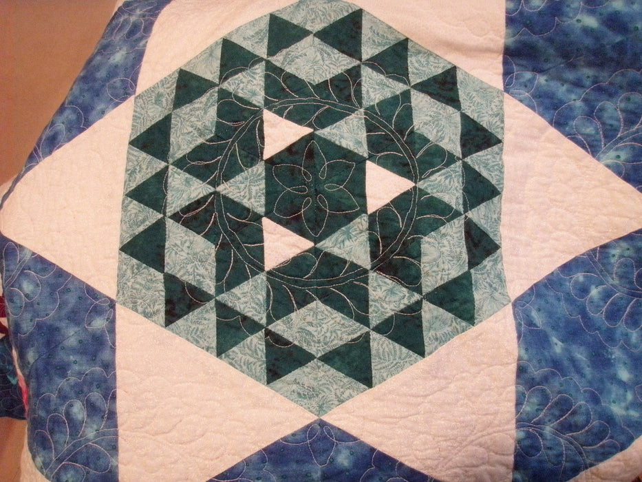 Queen Quilt Handmade Patchwork Blue White Multi - She's Truly Lost Her Marbles