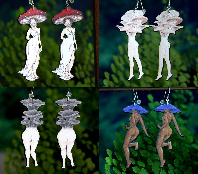 Mushroom Lady Earrings | Cottagecore Fairycore Goblincore Jewelry | Woodland Wood Laser Cut | Sterling Silver Ear Wires | Amanita Cute Fungi