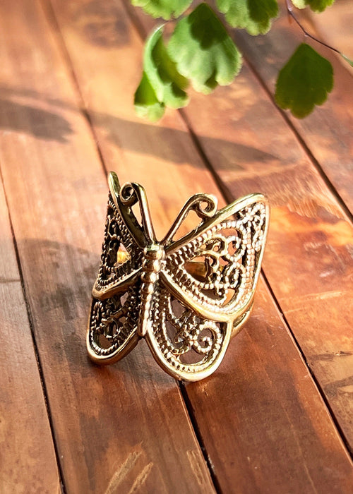 Brass Butterfly Ring | Art Nouveau Ornate Insect Jewelry | Fairycore Whimsical Steampunk Witchy Mystical Boho Statement | Nature Inspired