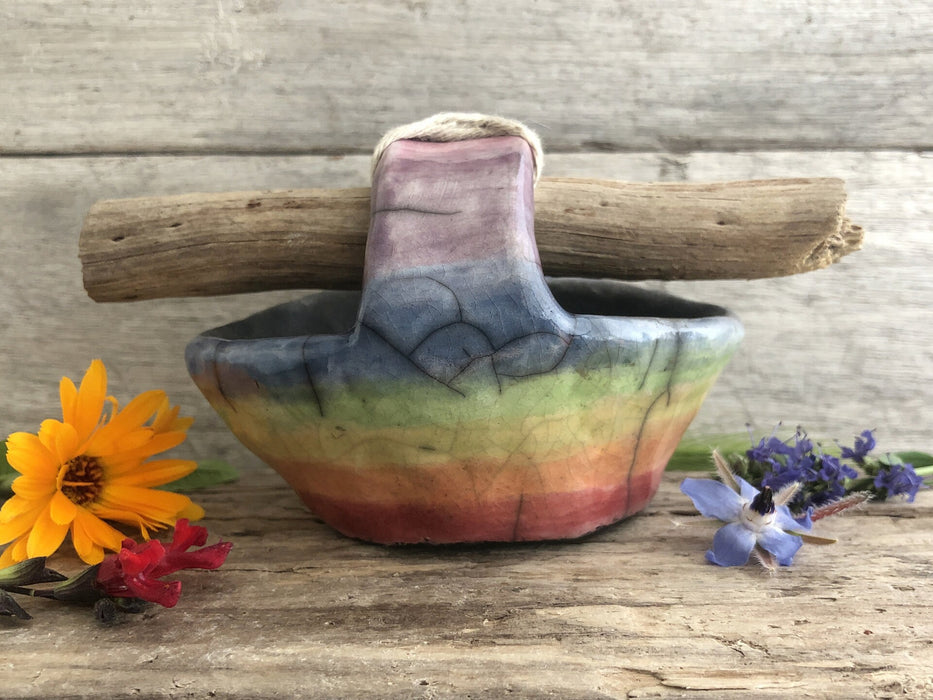 Rainbow raku ceramic & driftwood basket sculpture