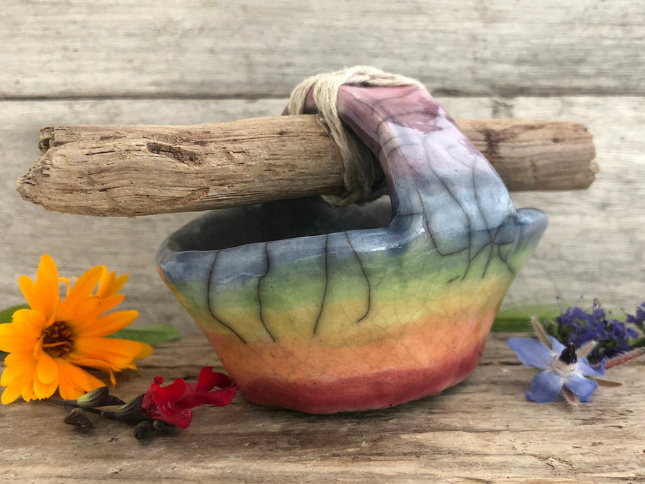 Rainbow raku ceramic & driftwood basket sculpture