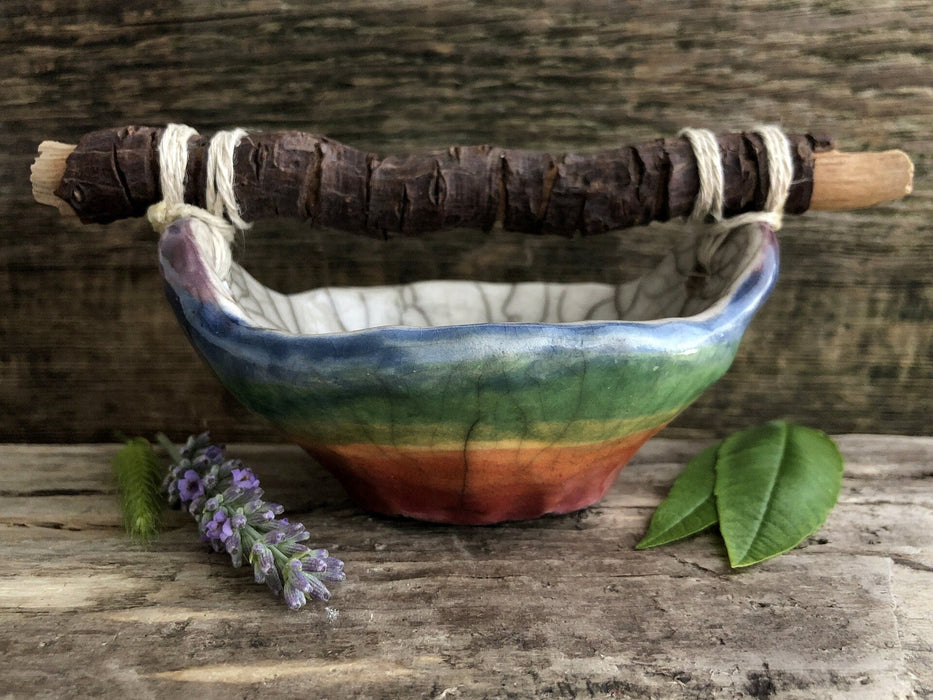 Rainbow raku ceramic and driftwood basket sculpture
