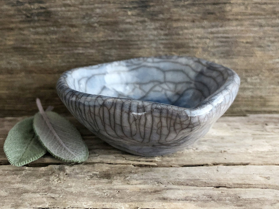 Small raku shrine offering bowl in blue and grey