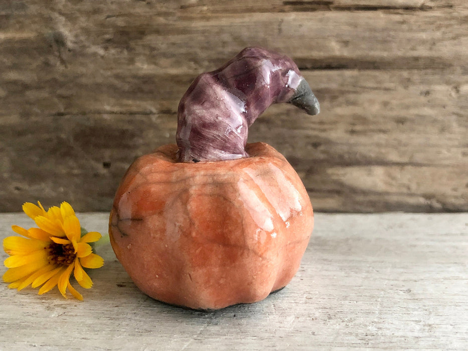 Pumpkin and bird spirit creature autumn raku sculpture