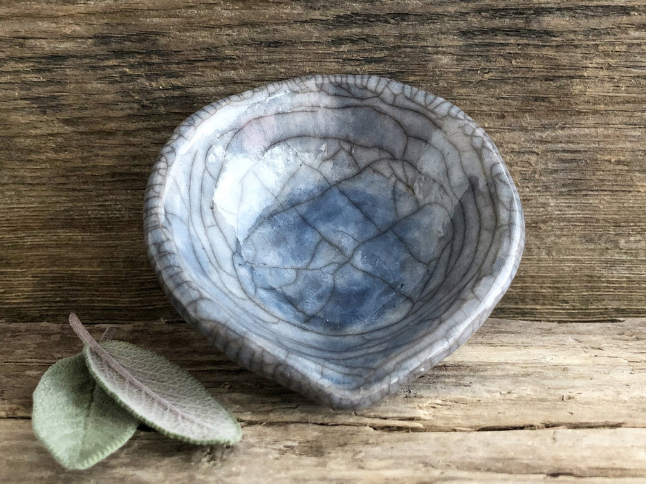 Small raku shrine offering bowl in blue and grey