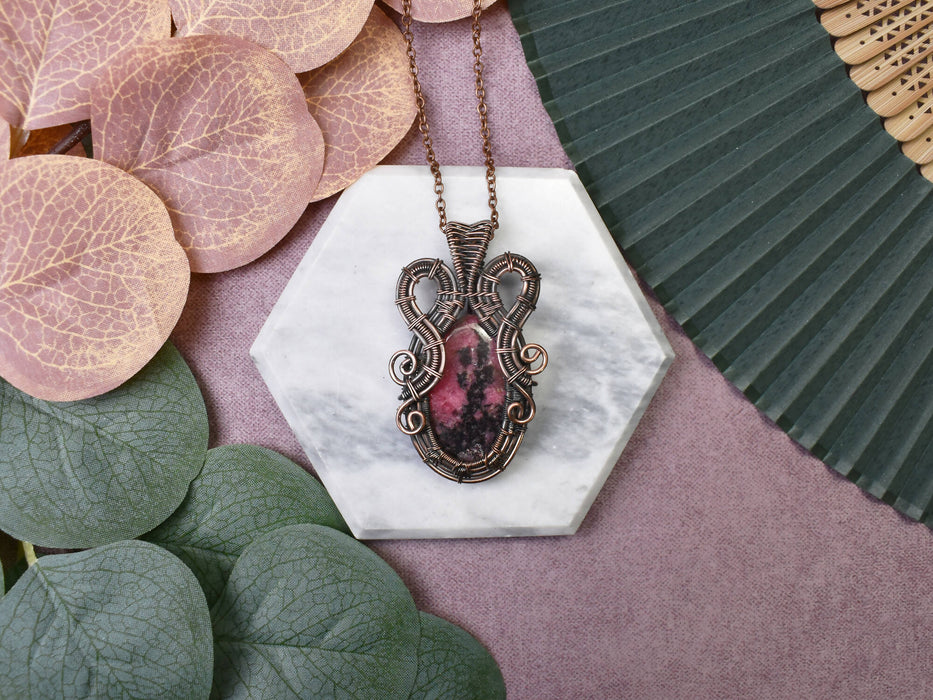 Wire Wrapped Copper Pendant With Rhodonite