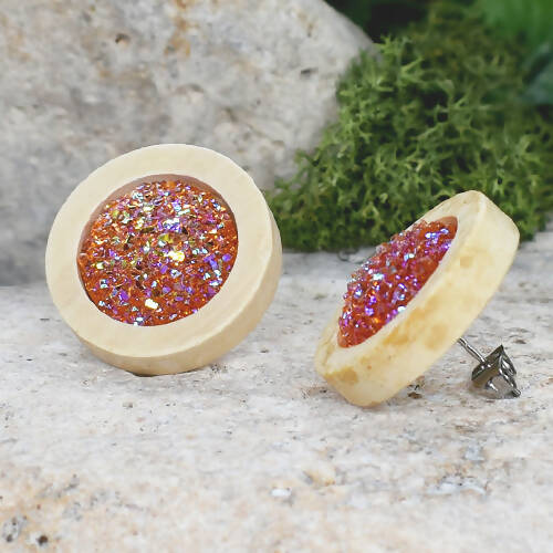 Wood Earrings With Resin Druzy #15