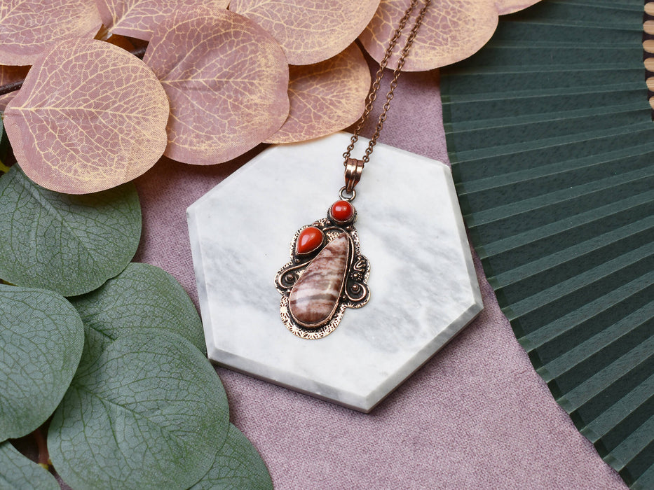 Copper Pendant with Coconut Jasper and Coral